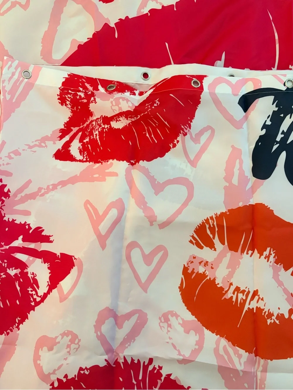 Shower Curtain Pink & Red Lip Print KISS with Hearts